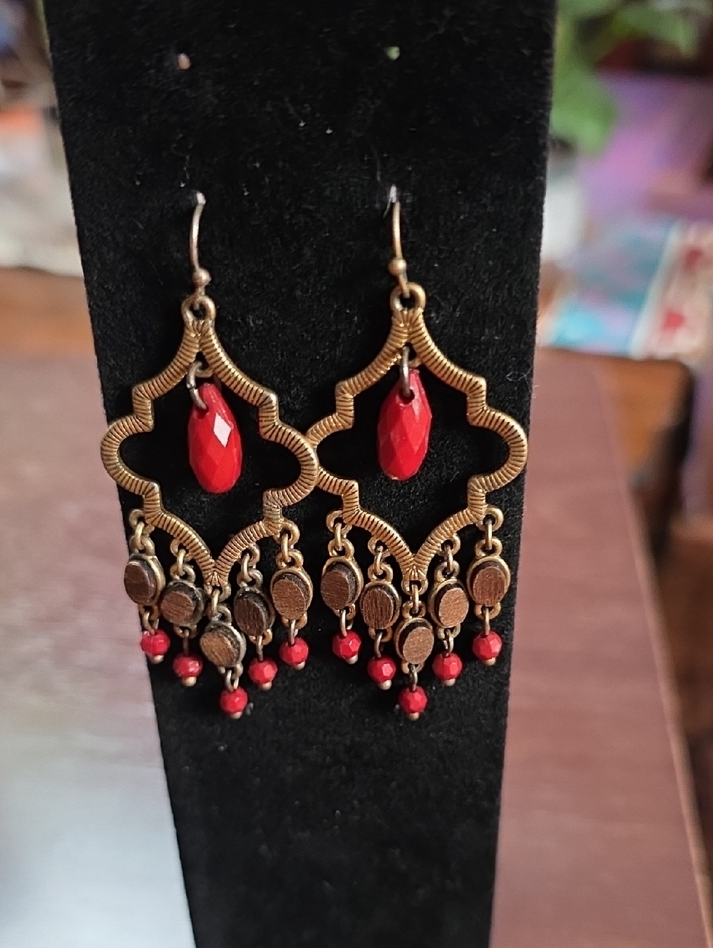 Lia Sophia Bronze Filigree Chandelier Earrings with Red Drops